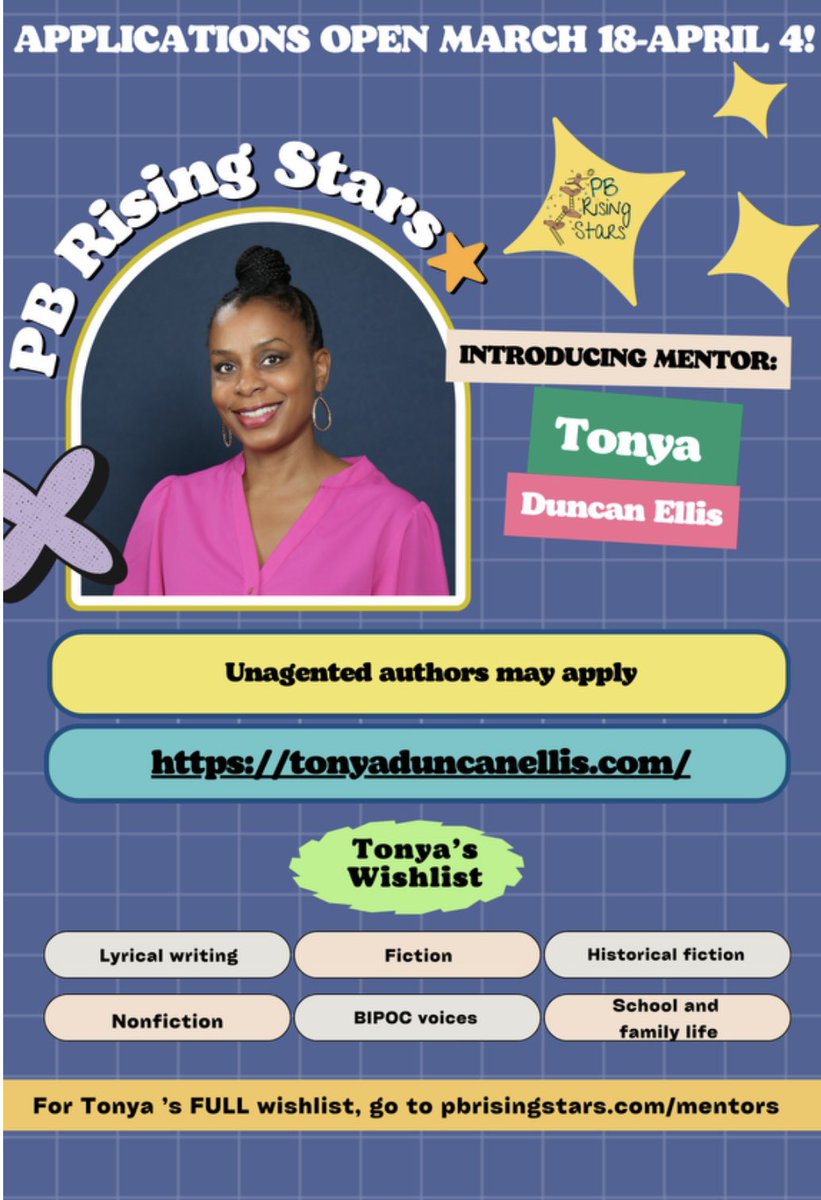 #PBRisingStars is open for applicants!! 🤩✨I'm excited to be a mentor in the 3-month mentorship program for aspiring picture book authors and illustrators. Check out my mentee wishlist and profile at pbrisingstars.com/tonya....