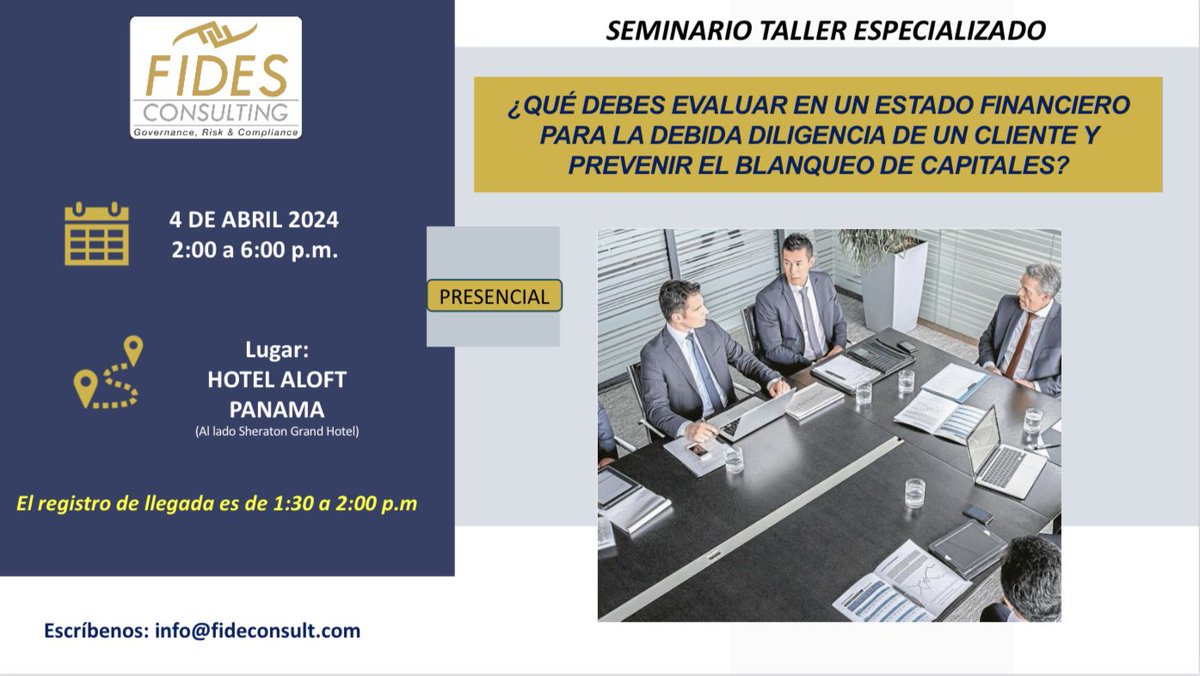 El próximo 4 de abril estaremos presentando el Seminario Taller sobre evaluación de Estados Financieros para realizar una debida diligencia efectiva.

Está dirigido a todo público.