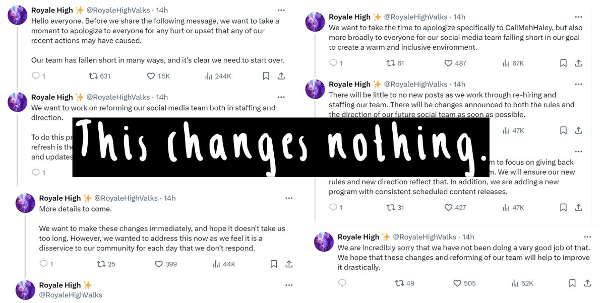 🧵(1/11) this 'apology' changes absolutely nothing. 

firing the social media team does not solve the issue at hand, although we can hold the team accountable for their individual behaviour we again have to look back at the root of the issue. launce and barbie.

#royalehigh #rhtc