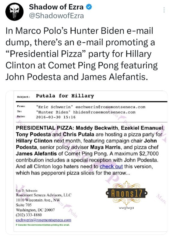 maikpi70's tweet photo. 👀🚨Im Hunter #Biden-E-Mail-Dump von Marco Polo gibt es eine E-Mail mit Werbung für eine „Presidential Pizza“-Party für Hillary #Clinton im #CometPingPong mit John #Podesta und James #Alefantis. https://t.co/fxKyO0eSeQ