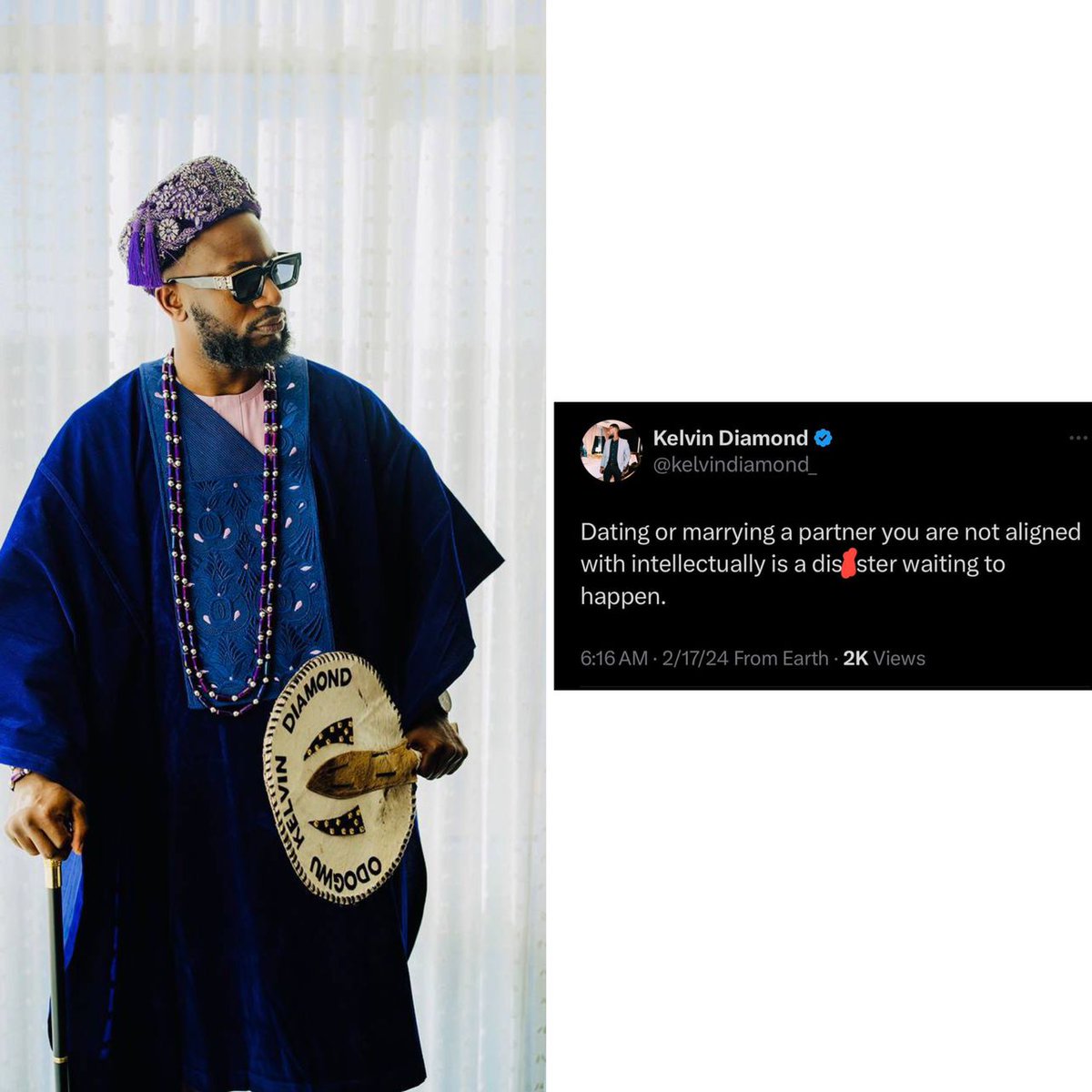 instablog9ja's tweet photo. Dating or marrying a partner you are not aligned with intellectually is a di$@ster waiting to happen - Serial Entrepreneur, Kelvin Diamond https://t.co/GF3r88rikl