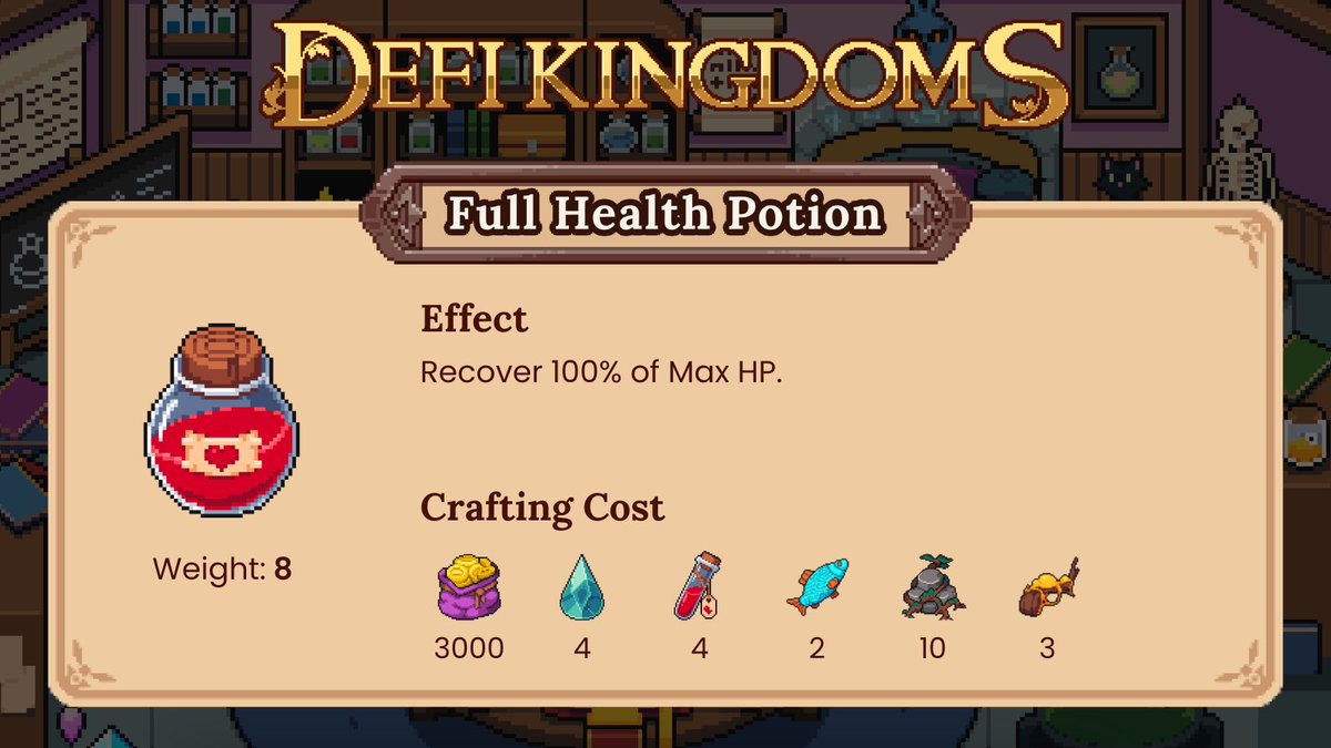 DeFiKingdoms's tweet photo. Potion Preparedness Part 3:
The Full Health Potion
Restoring all of your Heroes health, this potion can change the tide of battle! Check out the weight and crafting costs below.
Like, tag 3 friends, and retweet this tweet and 5 winners will receive 10 Full Health Potions 

*Winners will be drawn in about a week

@GamingOnAvax @PlayonKlaytn @avax @klaytn_official
 
$JEWEL #DFK #DeFiKingdoms #crypto #MMORPG #combat #potions #web3gaming #gamefi #Blockchain #BlockchainTechnology #BlockchainInnovation #blockchaingames