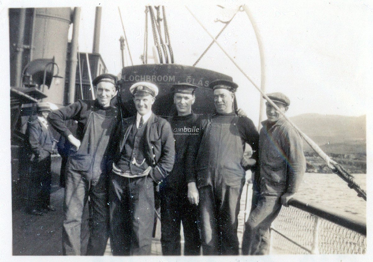 On board the SS Lochbroom, 1930s. Three of the men have been identified as John MacLennan, Alan Mackenzie and Alexander Mackenzie [photo from the collections @UllapoolMuseum]