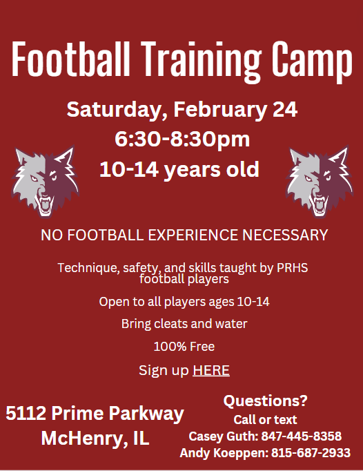 Jr. Wolves athletes ages 10-14. Prairie Ridge footballs own, Andy Koeppen, is hosting a FREE football clinic on Saturday, February 24th from 6:30pm - 8:30pm at ProPlayer Academy in Mchenry. See information below. Sign up: docs.google.com/forms/d/e/1FAI…