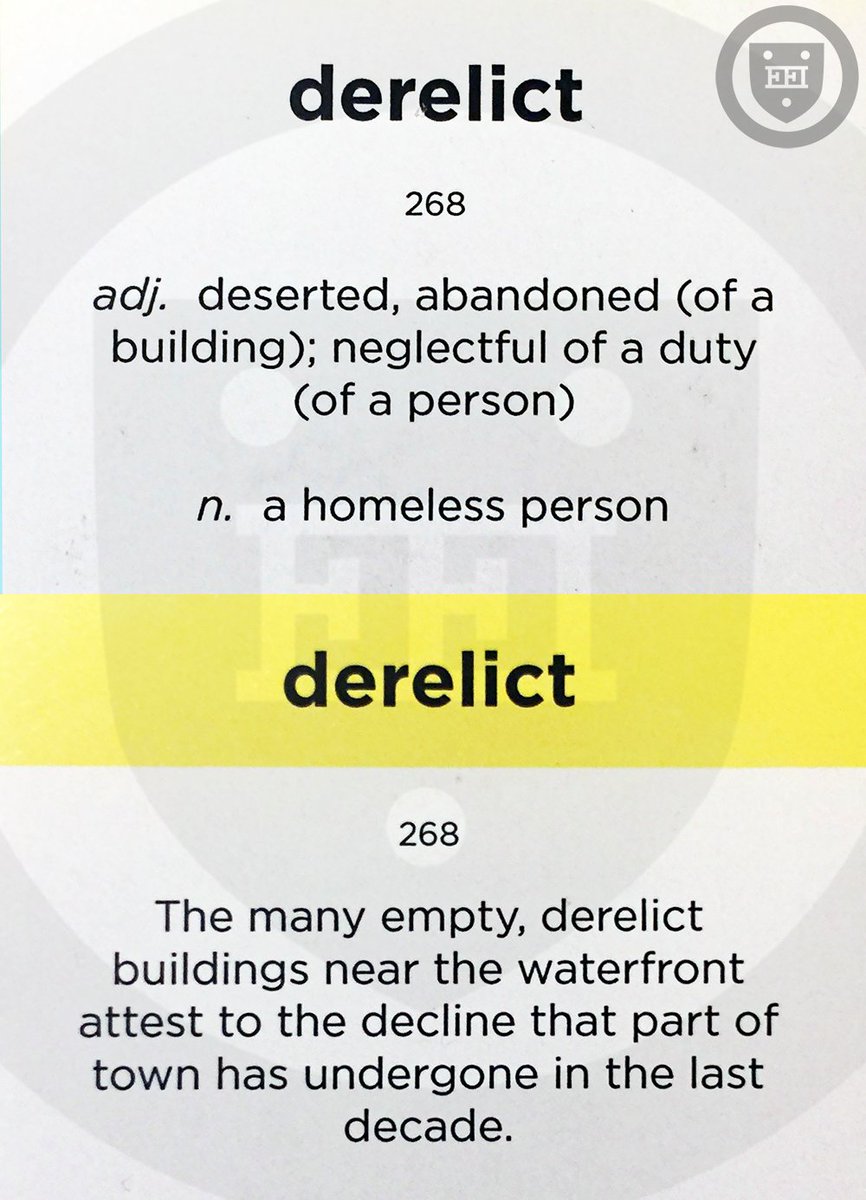 Derelict

[ DER-uh-likt ]

(adj.) deserted, abandoned (of a building); neglectful of a duty (of a person)

(n.) a homeless person

#vocabulary #WordoftheDay