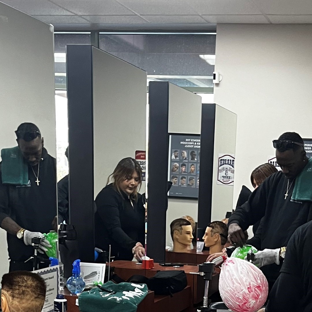 Palm Desert Barber students Cory, Israel, Rafael, Omar and Annie practice facial shaving on a balloon. 

#MilanInstitute #MIPalmDesert #PalmDesert #Barberstudents #Barbering #Barbers #BarberTraining #FacialShaving #BeautySchool
