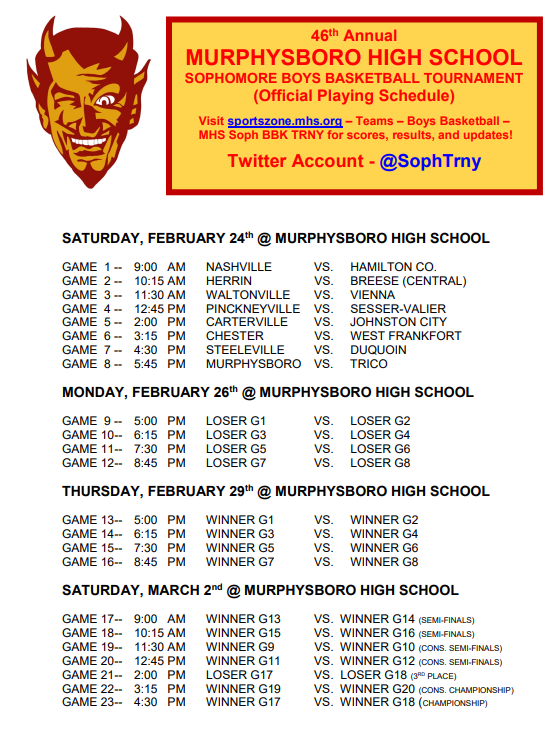 SophTrny's tweet photo. 2023-24 Murphysboro High School's 46th Annual Soph Boys Basketball Tournament Schedule: https://t.co/9N283oj5PL