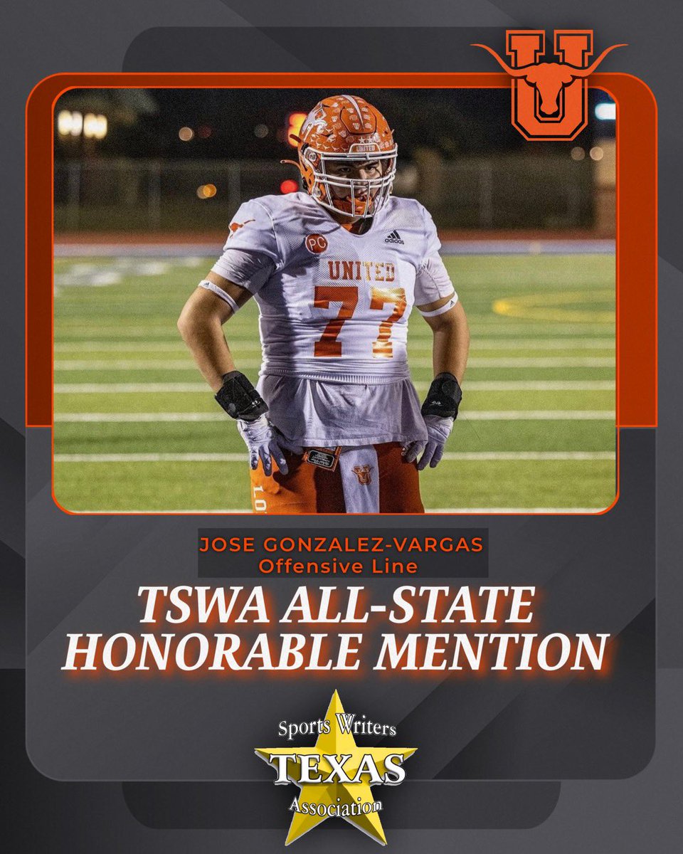 UHSLonghornsFB🏈 (@uhslonghornsfb) on Twitter photo Congratulations to our 5 Longhorns that were selected to the 2023 6A Texas Sports Writers Association All-State Team!!
<a href="/JoseGonzalezVgs/">Jose Gonzalez Vargas</a>
(3 of 5)
Hook ‘em!! 🤘
#uhsallin
#uhsearntherighttowin Congratulations to our 5 Longhorns that were selected to the 2023 6A Texas Sports Writers Association All-State Team!!
<a href="/JoseGonzalezVgs/">Jose Gonzalez Vargas</a>
(3 of 5)
Hook ‘em!! 🤘
#uhsallin
#uhsearntherighttowin
