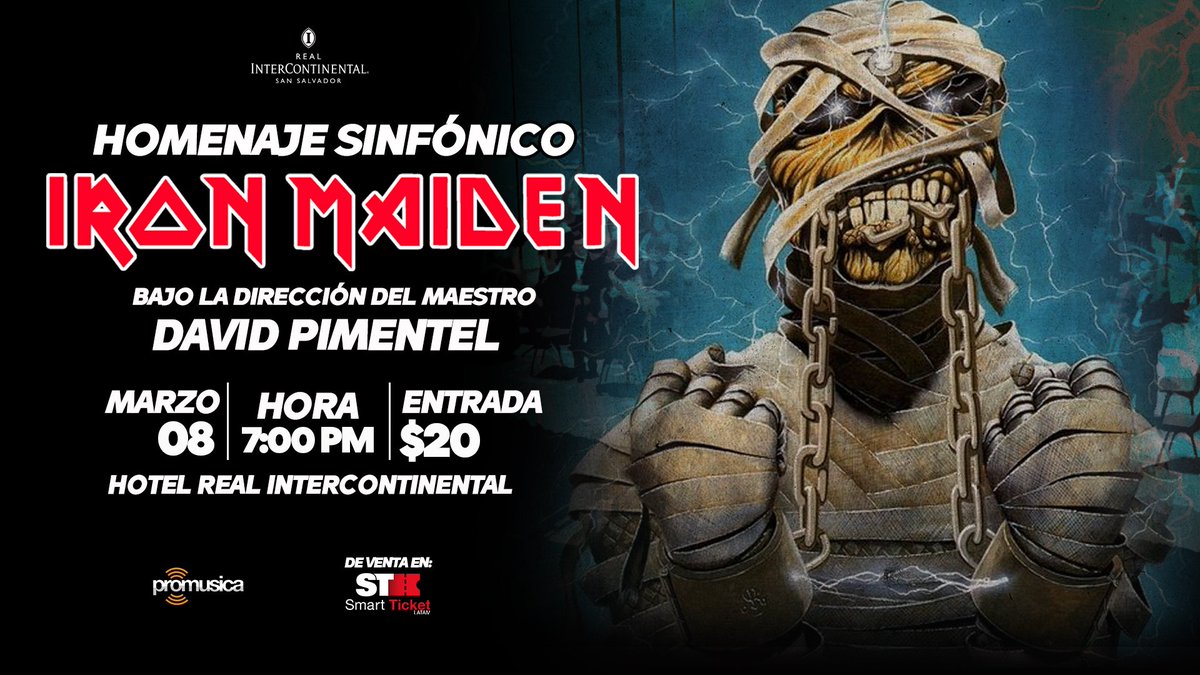 HOMENAJE SINFÓNICO, 🎻IRON MAIDEN🎸  bajo la dirección del Maestro David Pimentel, una noche con los grandes éxitos de Iron Maiden acompañados de orquesta sinfónica. 
📅 08 de marzo.
🕖7PM.
📍 Hotel <a href="/InterConti_SAL/">InterContinental SS</a>
Entradas: $20  en <a href="/SmartTicketca/">Smart Ticket</a> smartticket.fun