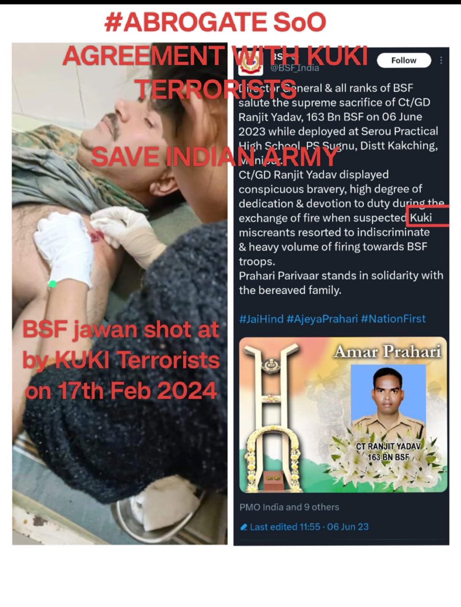 Leibakleii's tweet photo. Indian armed forces face relentless onslaught from #KukiMilitants. Time to take a stand - #AbrogateSoO now! Our safety is at stake. #IndiaUnderAttack
#StandWithSPSurve https://t.co/EJsoFB8LmM