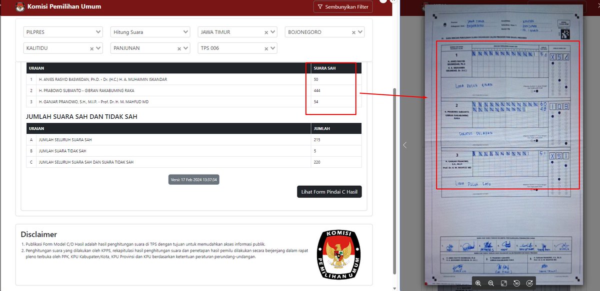 Akunalar's tweet photo. ⚠️SALAH INPUT DATA #SIREKAP KPU #PEMILU2024
⚠️ 56 MENJADI 50 SUARA
⚠️ 108 MENJADI 444 SUARA
⚠️ 51 MENJADI 54 SUARA

Wilayah Pemilihan
PROV. JAWA TIMUR
KAB. BOJONEGORO
KEC. KALITIDU
KEL. PANJUNAN
TPS 006
https://t.co/zJ74aNi7i7 https://t.co/yzxG0lL9W9