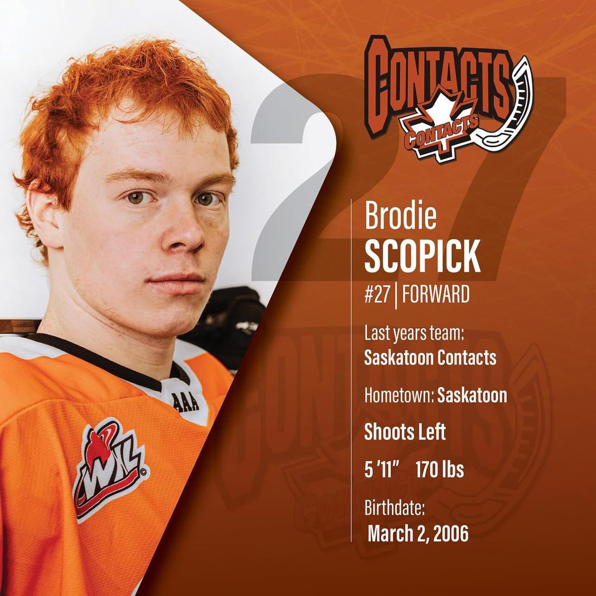 saskcontacts's tweet image. 🚨PLAYER PROFILE🚨

Veteran player Brodie Scopick suits up with the Contacts for his 3rd and final season. In 41 games played, Brodie has 6 goals and 12 assists for 18 pts. 
His leadership and experience is an asset to the C’s this year.  

#playerprofile #featureplayer