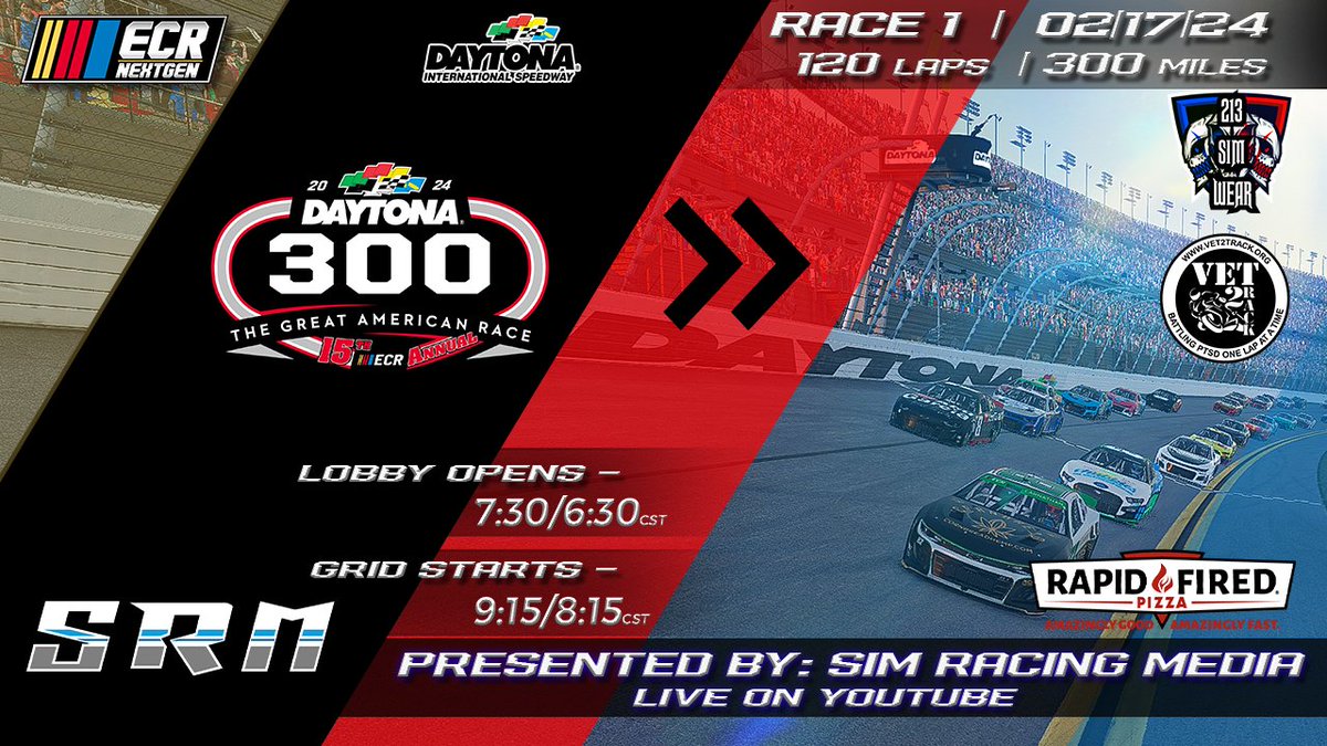 Race Day! After an action-packed ECR Clash last week, tonight we kick off the 2024 regular season with our 15th annual ECR
<a href="/DAYTONA/">Daytona International Speedway</a>
300!  Be sure to tune tonight live on <a href="/YouTube/">YouTube</a> as the guys from <a href="/SimRacingMedia1/">Sim Racing Media</a> call all the action!  

#213simwear #vet2track #RapidFiredPizza