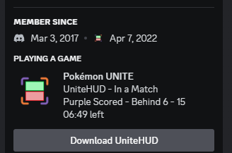 UniteHUD's tweet photo. Discord integration is now available in v3.0.0!  

Update your Activity Status with live a scoreboard in #PokemonUNITE! https://t.co/ih6lD17aIu