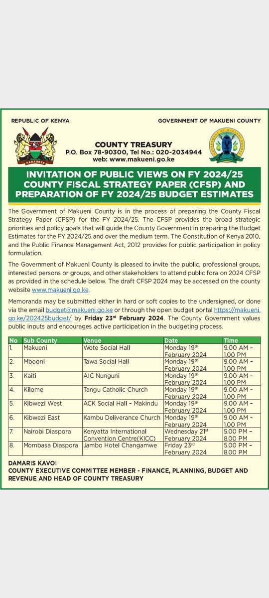 A village that is not talked is not developed. In Makueni we have embraced a robust citizen engagement in governance and development and that's how we are ahead of others. 
This Monday we participate in the 2024/2025 CFSP in all subcounties. Our People, Our priority! #BudgetCycle