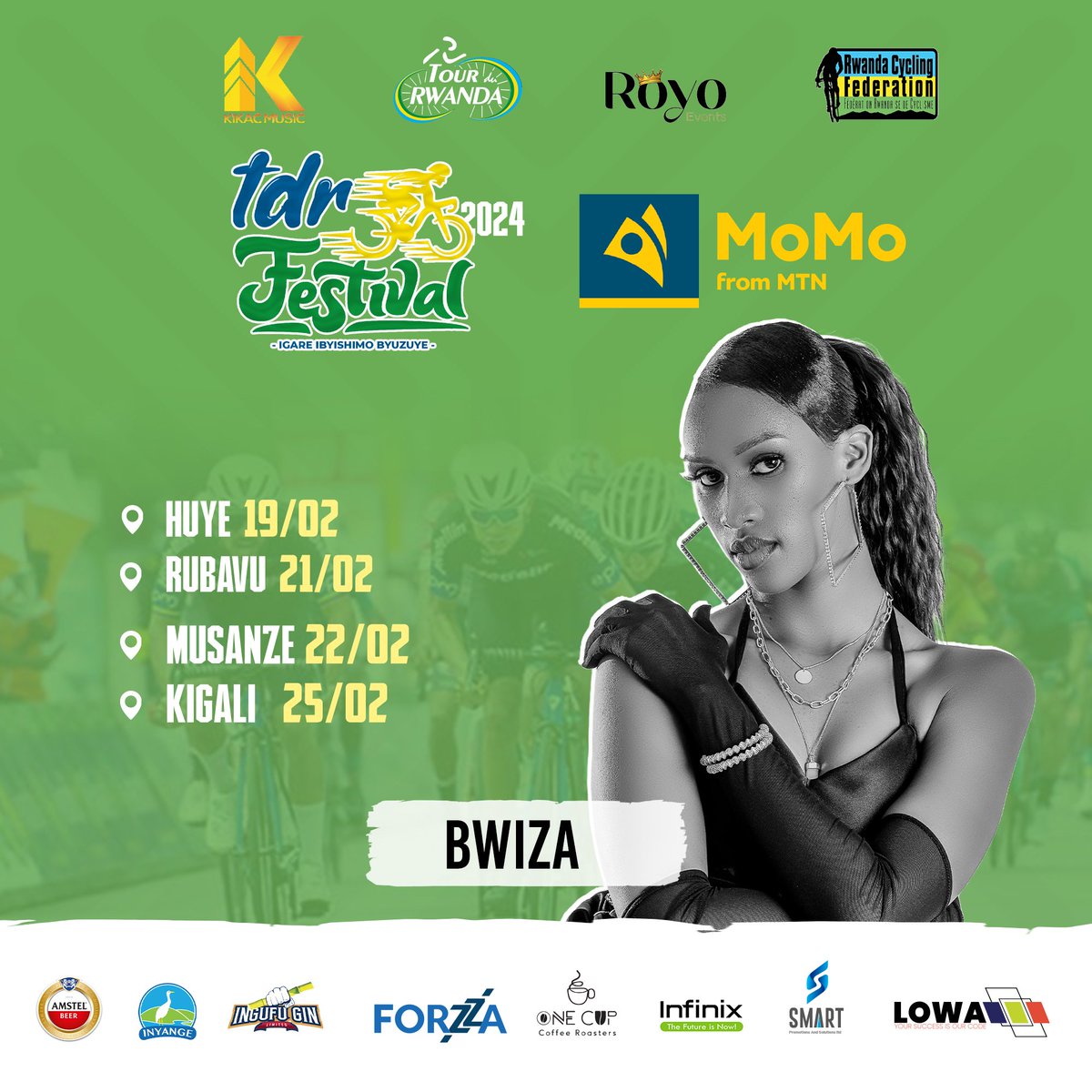 Get ready for electrifying performances by Bwiza, the top female artist, at the 2024 Tour du Rwanda Festival across Huye, Rubavu, Musanze, and Kigali! Special thanks to MTN Rwanda, Bralirwa, Inyange, Infinix, Ingufu Gin Ltd, Forzzabet, and Lawa Ltd for making it happen! 🎤🇷🇼