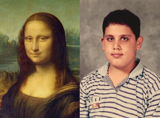 Esta es mi foto Mona Lisa. Tenemos la misma falta de expresión, lo único que tengo un ojo medio virao ahi. 

This is my Mona Lisa photo. We both lack any expression except for a slightly tilted eye.