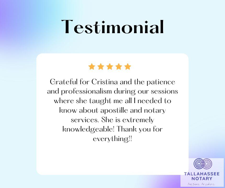 TallyNotary's tweet photo. So glad Cristina could help you with apostille and notary services! Thank you for your kind words and trust. If you ever have more questions or need assistance, we're here for you! 🌟 #GratefulCustomer #tallahasseenotary #notary #apostille #embassy #consulate #apostilleservice... https://t.co/ASCtHvh3jV