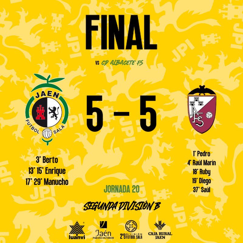 🟡 SEGUNDA DIVISIÓN B

⏱ 40' | 5 - 5 | <a href="/JaenFS/">Jaén Paraíso Interior FS</a> "B" - @AlbaceteFSala

🎙¡FINAL EN EL CARLOS MARTÍNEZ!

⚽️ <a href="/Bertohf3/">Bertohf</a>, <a href="/enriqueortgaa_/">enriqueortgaa</a> (x2) y <a href="/ManuDelMoral14/">Manudelmoral14</a> (x2)

#SomosJaén💛#FuturoAmarillo