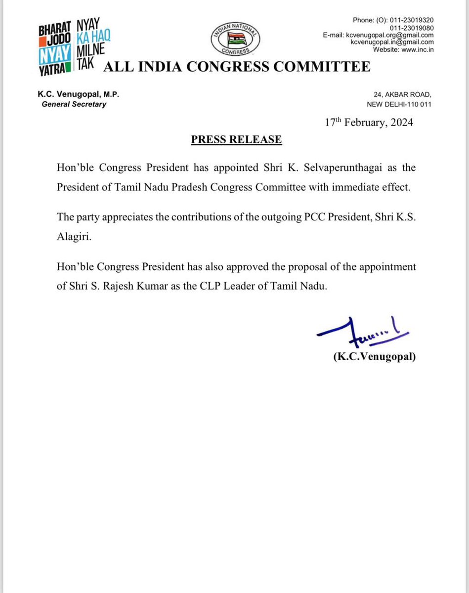 I congratulate Shri. @SPK_TNCC on being appointed as the new PCC President of the @INCTamilNadu. I also congratulate Shri @MLARajeshKumar for being the new CLP Leader of Tamil Nadu. I wish both the leaders all success! I must thank Shri @KS_Alagiri Ji for his valuable support…