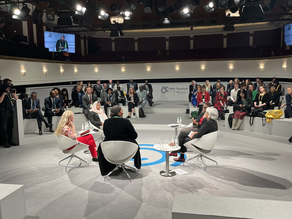 In town hall meeting on Sudan at #MSC2024 urgent calls for attention, advocacy, and money for political solution and humanitarian crisis (largest internal displacement globally) @KittyvdHeijden @KholoodKhair @NisreenElsaim @EroComfort