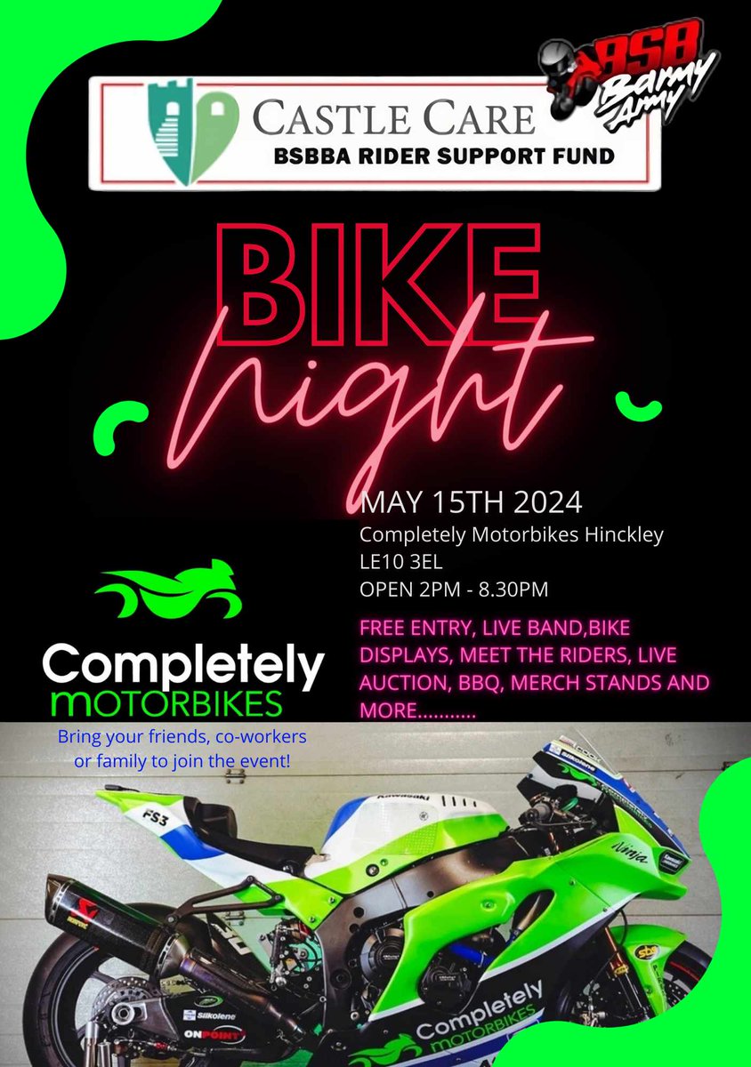 Our friends at BSB Army are putting on an event to raise money for their BSB riders fund. Should be a brilliant afteroon/evening at Hinckley @cmkawasaki! Well worth a visit for all BSB fan. Some BIG rider Announcements coming soon 🧐🧐🧐 #BSB