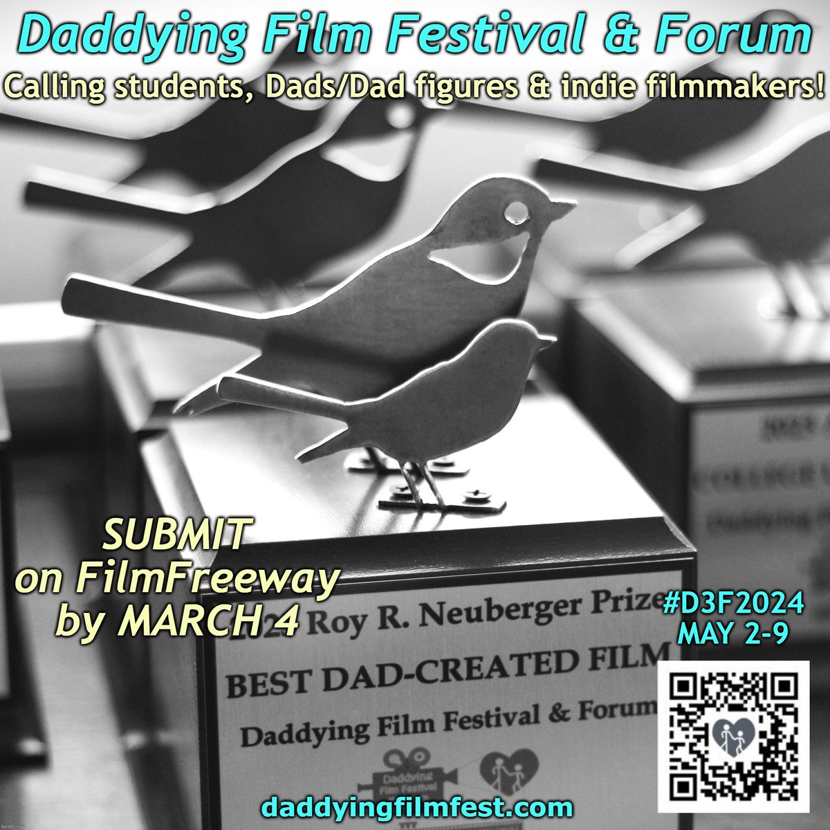 Submit your films/videos to the #Daddying #FilmFestival & Forum on #FilmFreeway by MARCH 4th. Late deadline is MARCH 25:

filmfreeway.com/DaddyingFilmFe…

#dadlife #callforsubmissions #studentfilm #indiefilm @_TeamBlogger @BloggersHut @TRJForBloggers #mombloggersRT #theclqrt