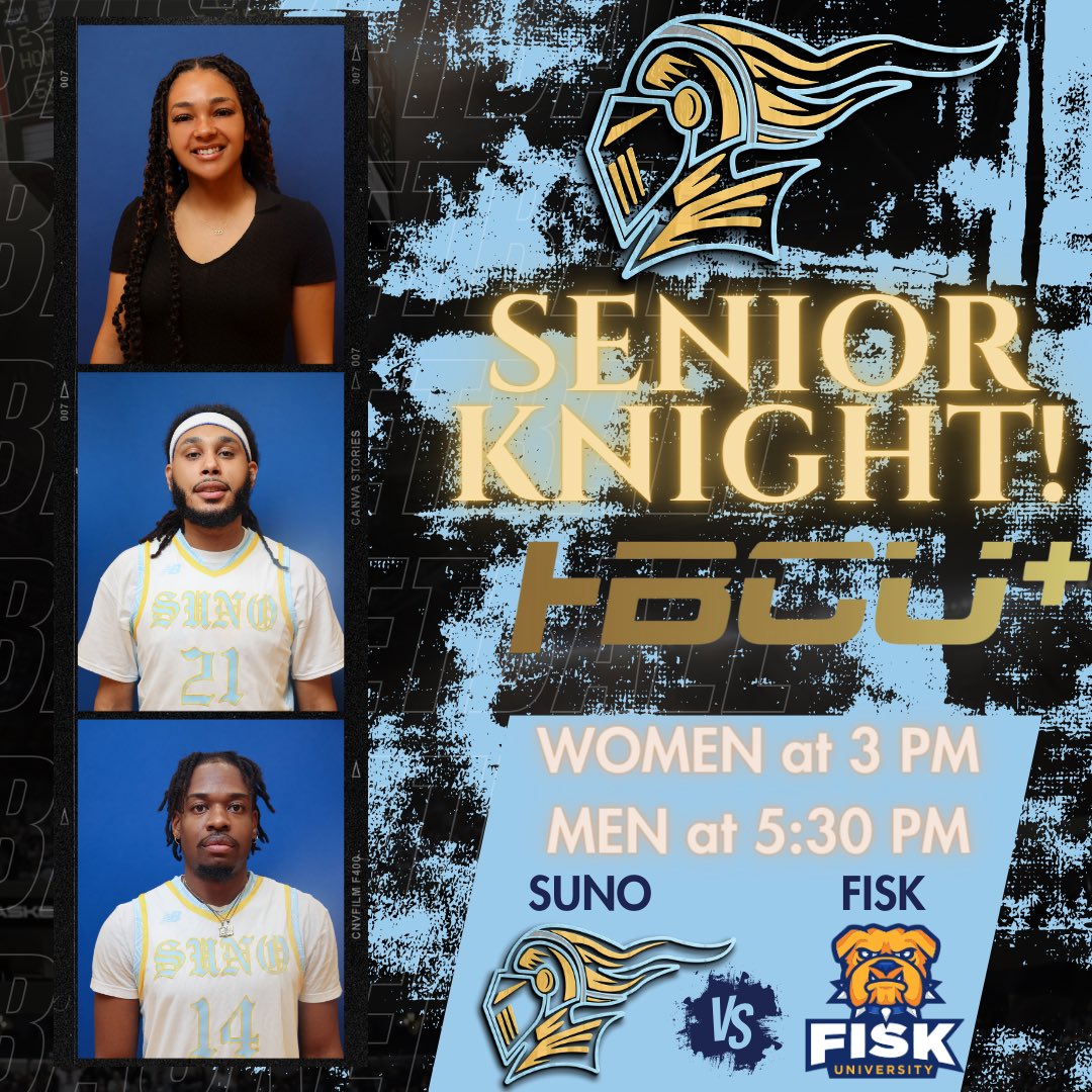 It’s SENIOR KNIGHT!! Pull up today!! We’re celebrating our seniors today right after the women’s game!

🆚@fiskathletics 
🏟️The Castle 🏰 
📍New Orleans | SUNO
⌚️Women at 3, Men at 5:30
📺HBCU+ main channel

#SUNOYouKNOW #GoKnights #NAIAHoops #GCACHoops