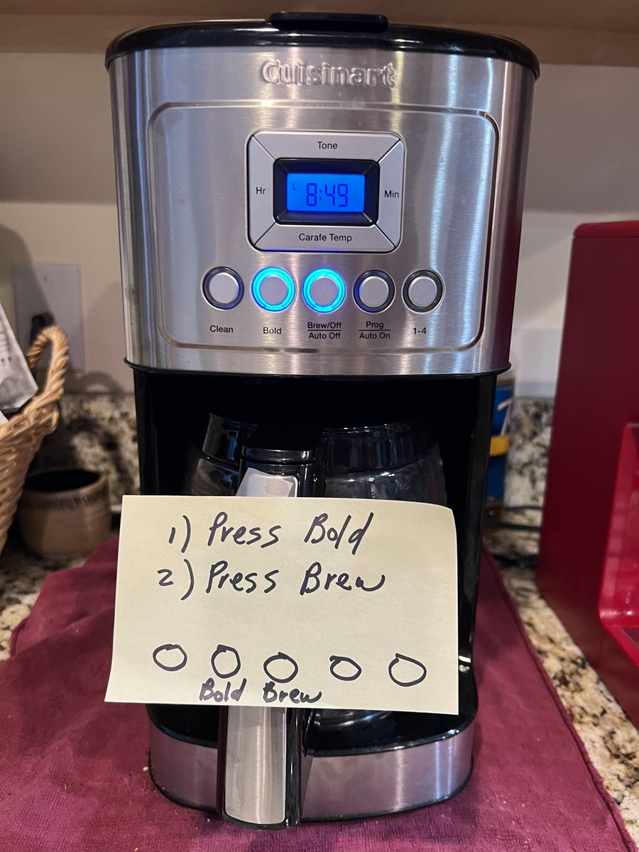 [last night] My dad: If you wake up before us, hit the bold button and then the brew button to make coffee. Me: Ok, got it. My dad: I can show you Me: Really, I got it. I have the same machine at home. [this morning]