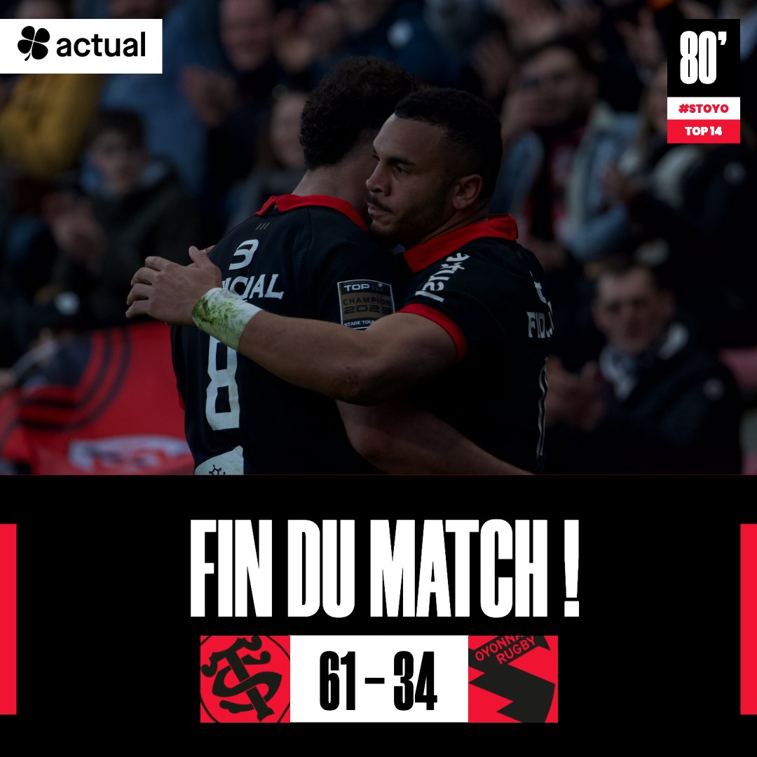 StadeToulousain's tweet photo. Quelle victoire 😍

Nos Stadistes s'imposent largement face à Oyonnax et empochent un nouveau bonus offensif ❤️🖤

#STOYO https://t.co/KSGsrRYVcY