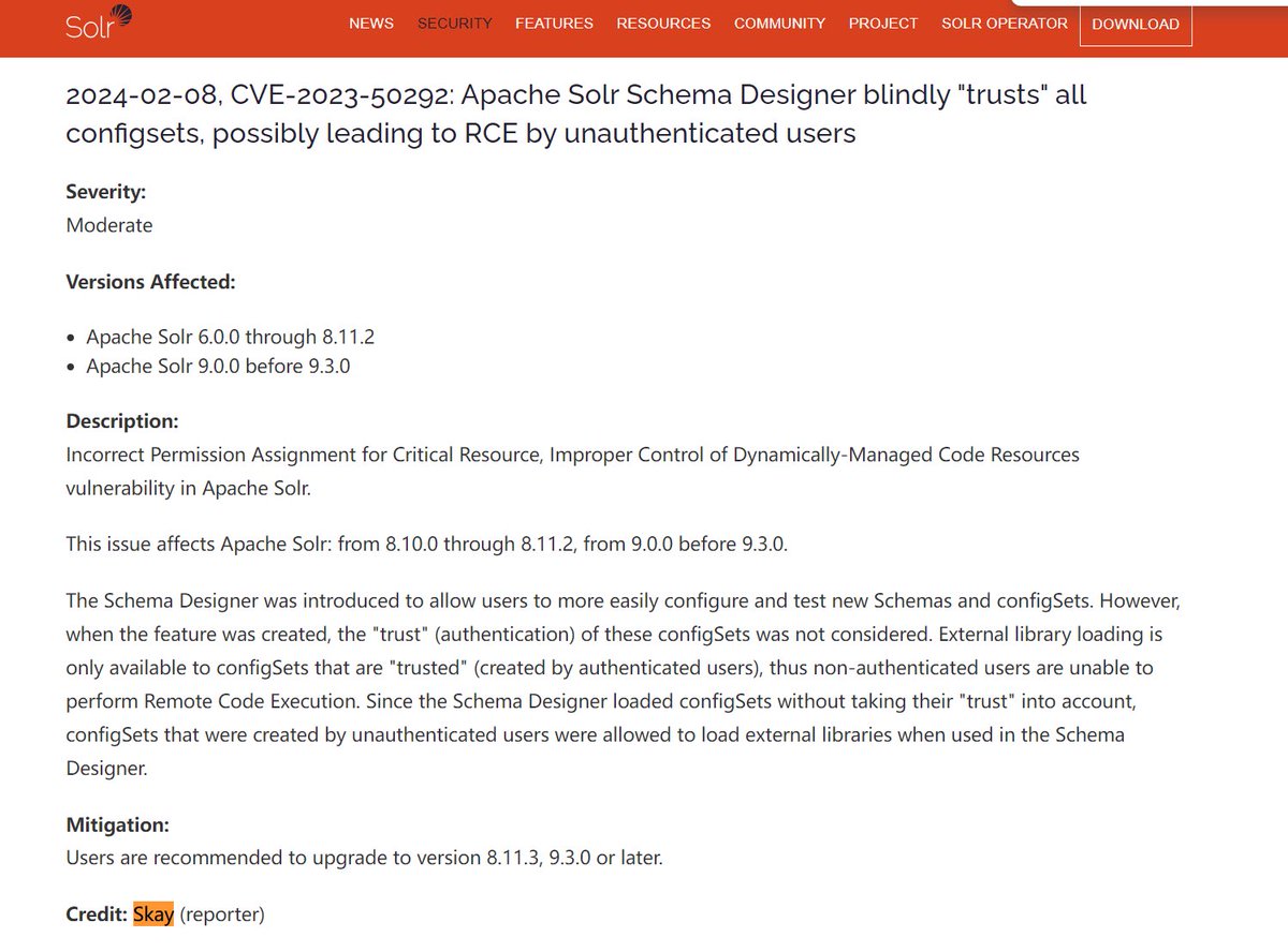 失眠发个推 CVE-2023-50292: Apache Solr: Solr Schema Designer blindly "trusts" all configsets, possibly leading to RCE by unauthenticated users