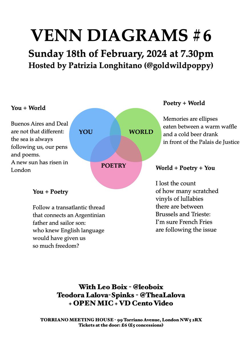 Hello beautiful people!
Don’t forget VENN DIAGRAMS #6 is tomorrow at 7.30pm at the @TorrianoEvents with Leo Boix @leoboix and Teodora Lalova-Spinks @TheaLalova. Bring a poem for the open mic and enjoy a glass of wine while watching the new VD Cento poetry-video!