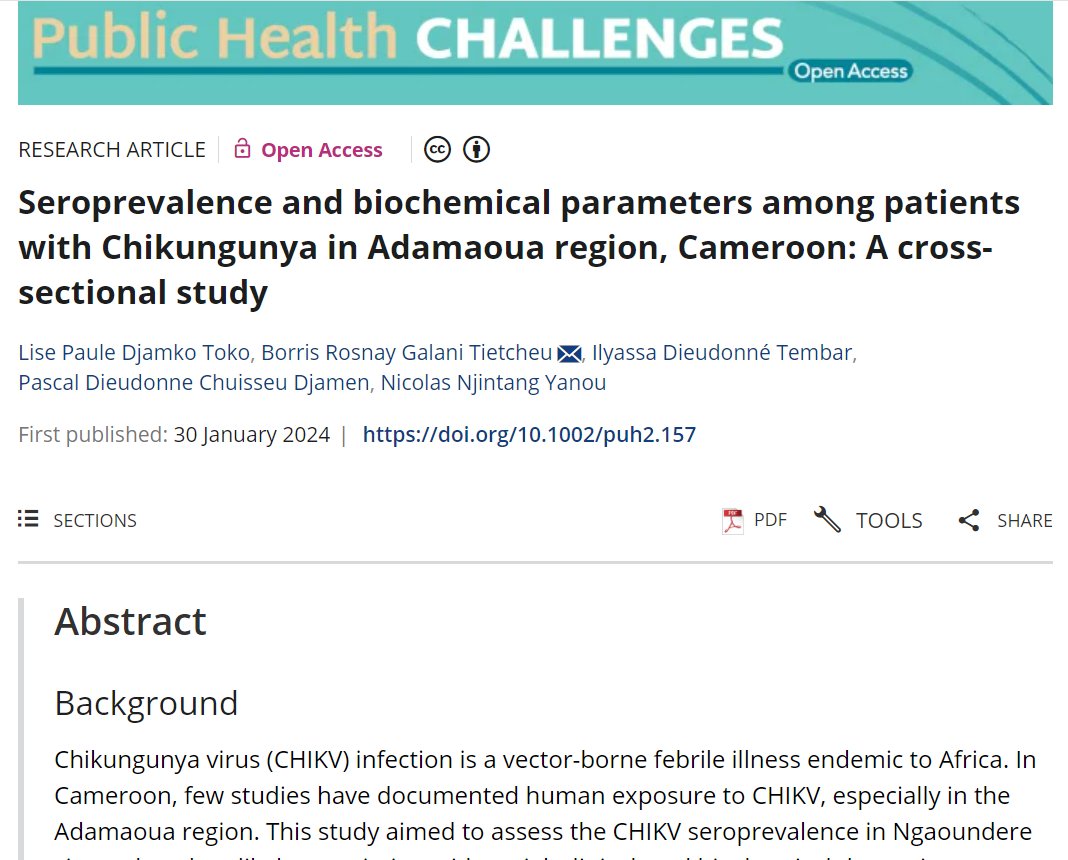 PHC_Wiley's tweet photo. This study describes the seroprevalence of #chikungunya based on a hospital-based serosurvey in Ngaoundere Hospital, #Cameroon.

https://t.co/fu3H8owxzj https://t.co/48btL7Qhz4