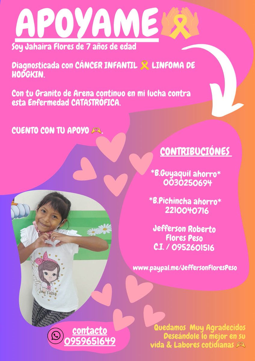 15/febrero Día internacional de la lucha contra en Cáncer Infantil 🎗.

Los invitamos a ustedes a que nos brinden una ayuda solidaria para poder continuar en esta Batalla le quedamos muy agradecidos hoy soy Yo #Jahairaflores mañana podría ser cualesquiera de Vosotros.