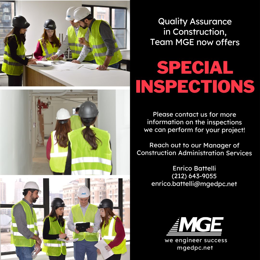mge_companies's tweet photo. MGE is excited to announce that we're now offering NYC DOB Special Inspections! These inspections are essential to meet NYC's stringent safety and quality standards, contributing to the safety of structures across the five boroughs. Contact us today to learn more. https://t.co/4VptGu1LLo