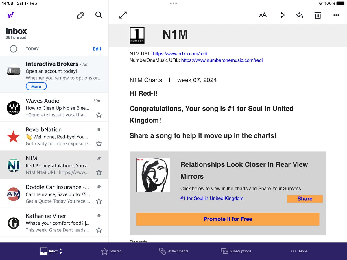 Here is a photo of the email of confirmation that the Red Eye song is number one. Cheers 🍻