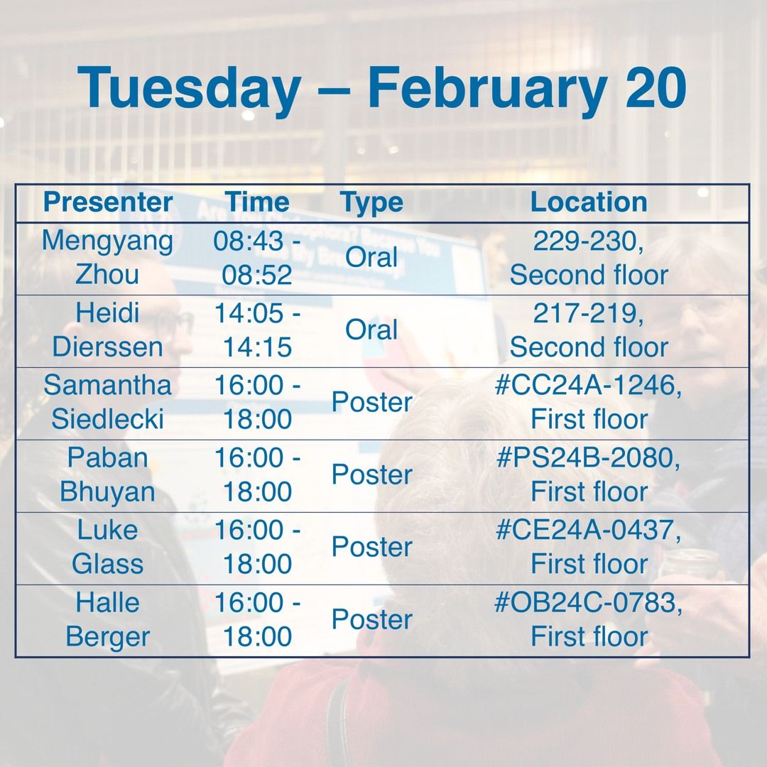 UConnMarineSci's tweet image. Are you ready for the Ocean Sciences Meeting (#OSM24)? Add the presentations by our department members to your schedule and visit us at booth 334 in the exhibit hall all week! 

Here are the presentations on Mon-Wed!