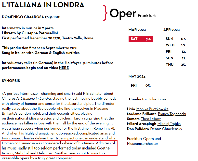 MozartCircleCN's tweet photo. 30 March / 7, 10, 12, 21, 25 April / 5 May 2024
#OperFrankfurt presents:
#Cimarosa Opera
L'Italiana in Londra / The Italian Girl in London!
#opera #music #theatre #NeapolitanSchool #Intermezzo #ComicOpera
https://t.co/7wCHhfgHPD https://t.co/IsaV2f0gxX