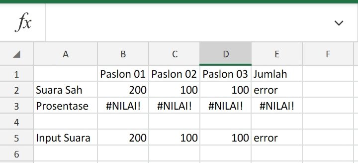 XRandom78's tweet image. Kalo di Excel sih, masukin rumus ini =&amp;gt;&amp;gt; 
if(B5&amp;gt;300;"error";B2==B5)
Begitu B5 diinput lebih dari 300, muncul Error

Pun demikian, 
If(Sum(B2:D2)&amp;gt;300;"error",Sum(B2:D2))
 Error jika jumlah suara 3 paslon melebihi 300

Sederhana tho?
@abu_waras @DarsAlexandra1 @vanc1Bozz