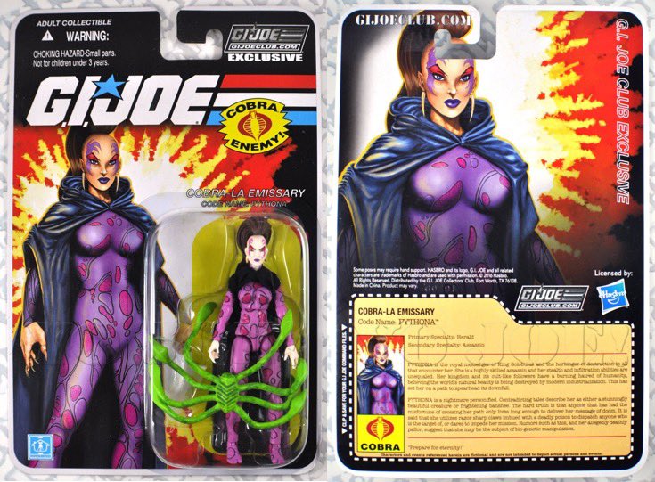 rareAFclips's tweet image. Check out this Pythona figure from the GI Joe Collector's Club/Subscription Service circa 2016. She was also released at the 2016 International GI Joe Convention in Loveland, Colorado. What was your favorite figure from the Collector's Club? #gijoe #pythona #hasbro