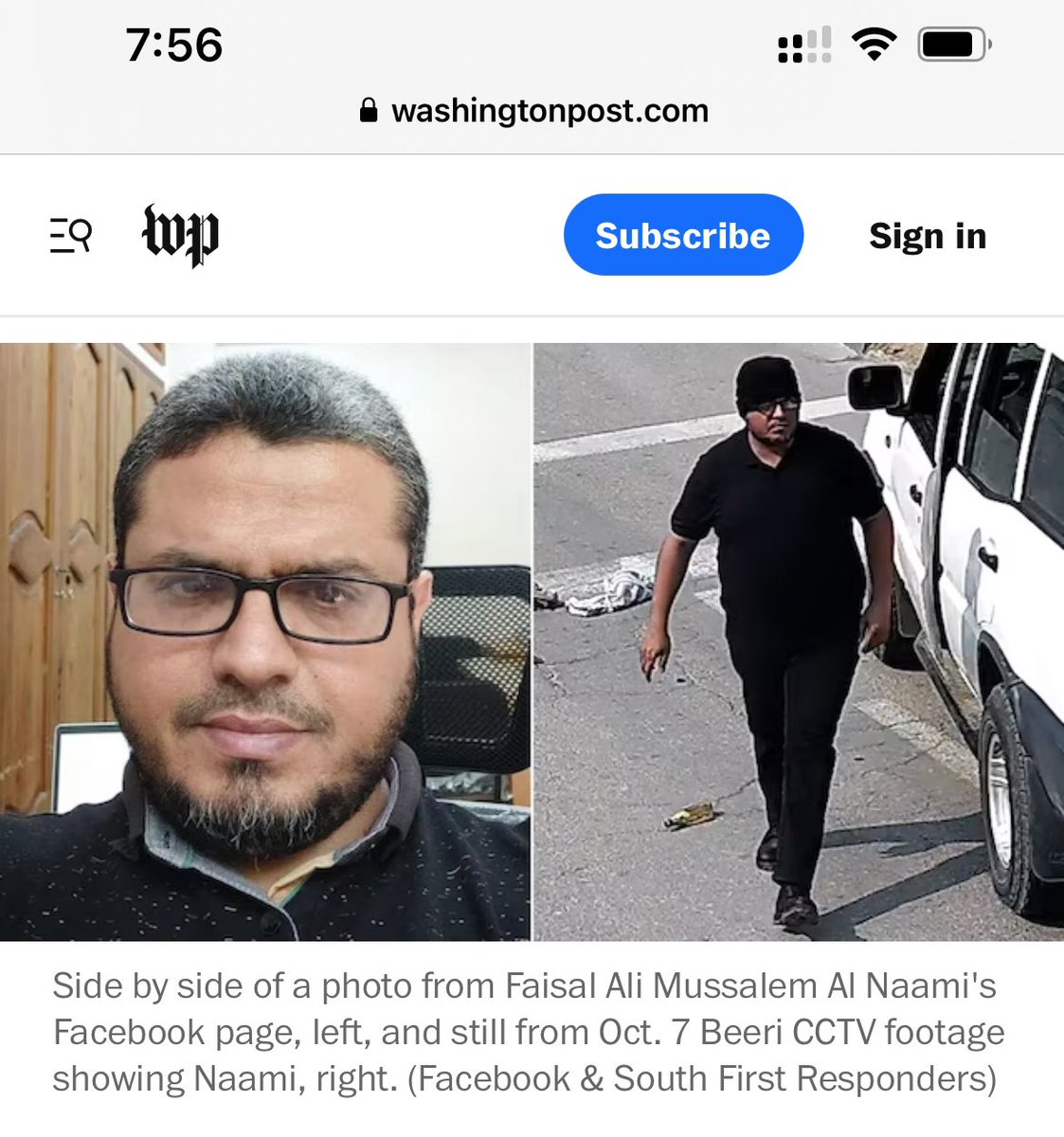 HillelNeuer's tweet image. Unrwa does lifesaving work.

Meet Unrwa social worker Faisal Al Naami from Gaza. He took part in the Hamas massacre of October 7th.

The Washington Post found CCTV video of him removing the limp body of an Israeli man who had been shot at Kibbutz Beeri and driving off with it.