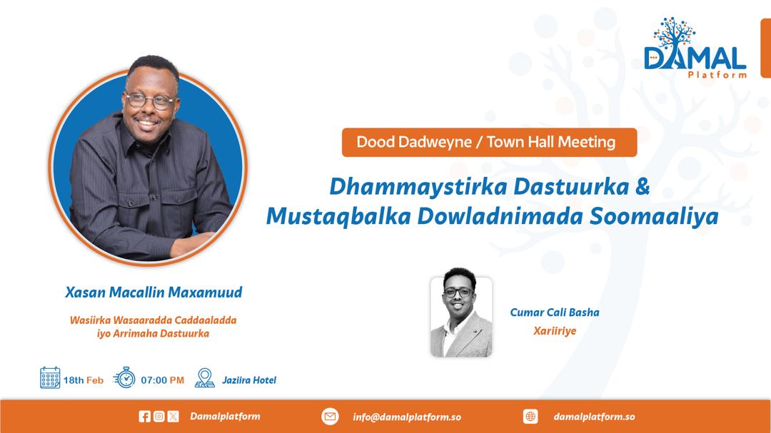tmw evening, <a href="/DamalPlatform/">Damal Platform</a> will be hosting the Minister of Justice &amp; Constitutional Affairs, Hon. <a href="/HassansheikhAli/">Hassan Moallin</a> in a town hall meeting. This event provides Somali citizens with an opportunity to engage in a debate with gov officials regarding the constitutional review process
