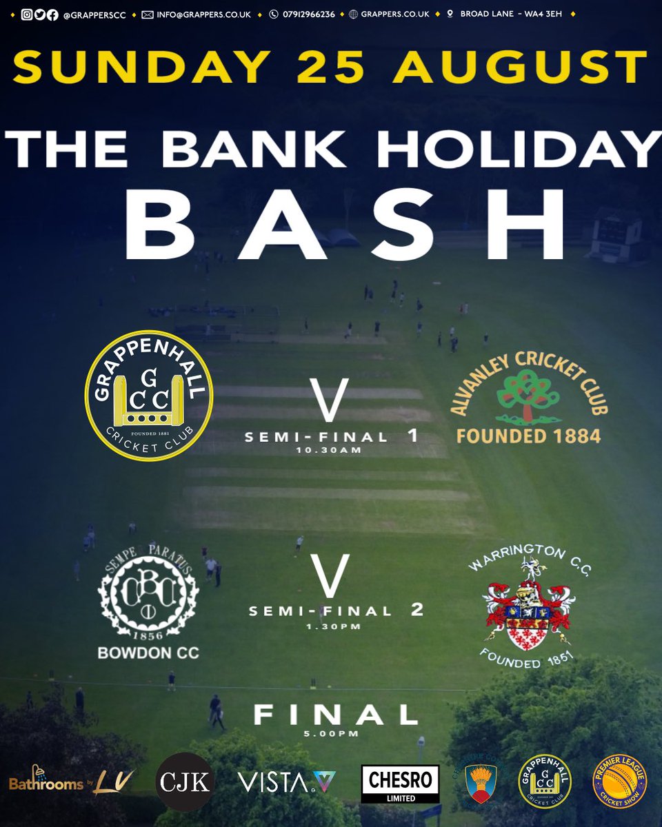 📆 THE BANK HOLIDAY BASH 📆  Grappers are excited to announce ‘The Bank Holiday Bash’ where we welcome <a href="/BowdonCricket/">Bowdon Cricket Club</a> , <a href="/AlvanleyCC/">Alvanley CC</a> &amp; <a href="/warrington_cc/">Warrington CC</a> for a day of T20 cricket.

🎵 Live music
🍔 Food truck
🍺 Bar open
 More details to come closer to the date!

#upthegrappers