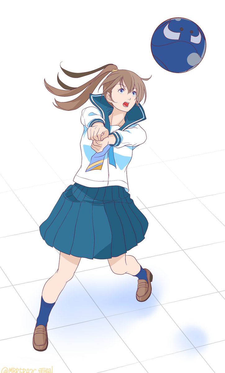 1girl solo skirt school uniform brown hair ponytail blue skirt  illustration images