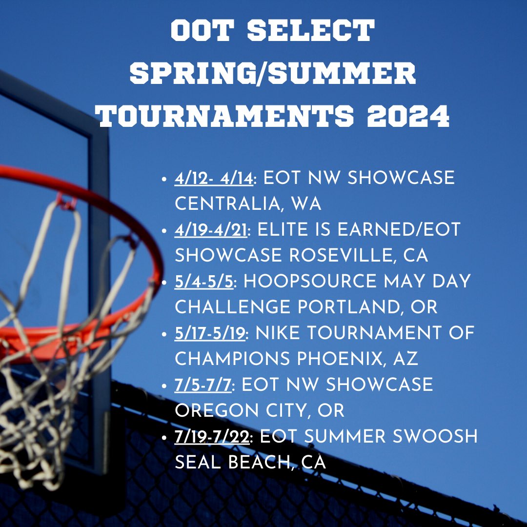 OregonOvertime (@oregonovertime) on Twitter photo Our AAU travel schedule for our high school select teams this Spring and Summer. Hope to see you all the court. <a href="/EOTBasketball/">EOT Basketball</a> <a href="/niketoc/">Nike Tournament of Champions</a> <a href="/HoopSource1/">HoopSource Grassroots</a> 🏀🔥 Our AAU travel schedule for our high school select teams this Spring and Summer. Hope to see you all the court. <a href="/EOTBasketball/">EOT Basketball</a> <a href="/niketoc/">Nike Tournament of Champions</a> <a href="/HoopSource1/">HoopSource Grassroots</a> 🏀🔥