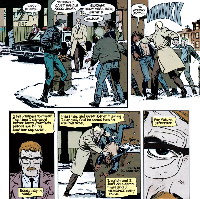 from batman (1940) #404: cop car pulls up to a sidewalk, it's snowy, blond white man in a trench coat gets out. jim gordon half-opens the car door and says "flass-- what's--" and flass responds "nothin i can't handle solo, jimmy" as he approaches a group of teenagers. "mother know you're here, stevie?" and stevie (black boy with dreads) says "oh, man... ...not doing anyth--" as flass punches him in the face with a WHUKK sound effect, his friends looking on scared/shocked. jim sits in the car, watching. text box reads "i keep talking to myself. this time i say you'd better know your facts before you bring another cop down. especially in public." flass grabs stevie by the neck and the groin and slams him over the edge of a dumpster. text boxes read "flass has had green beret training, i can tell. and he knows how to use his size. i watch and i don't do a damn thing and i memorize every move." close-up on gordon's face, meant to look badass, text box reads "for future reference"