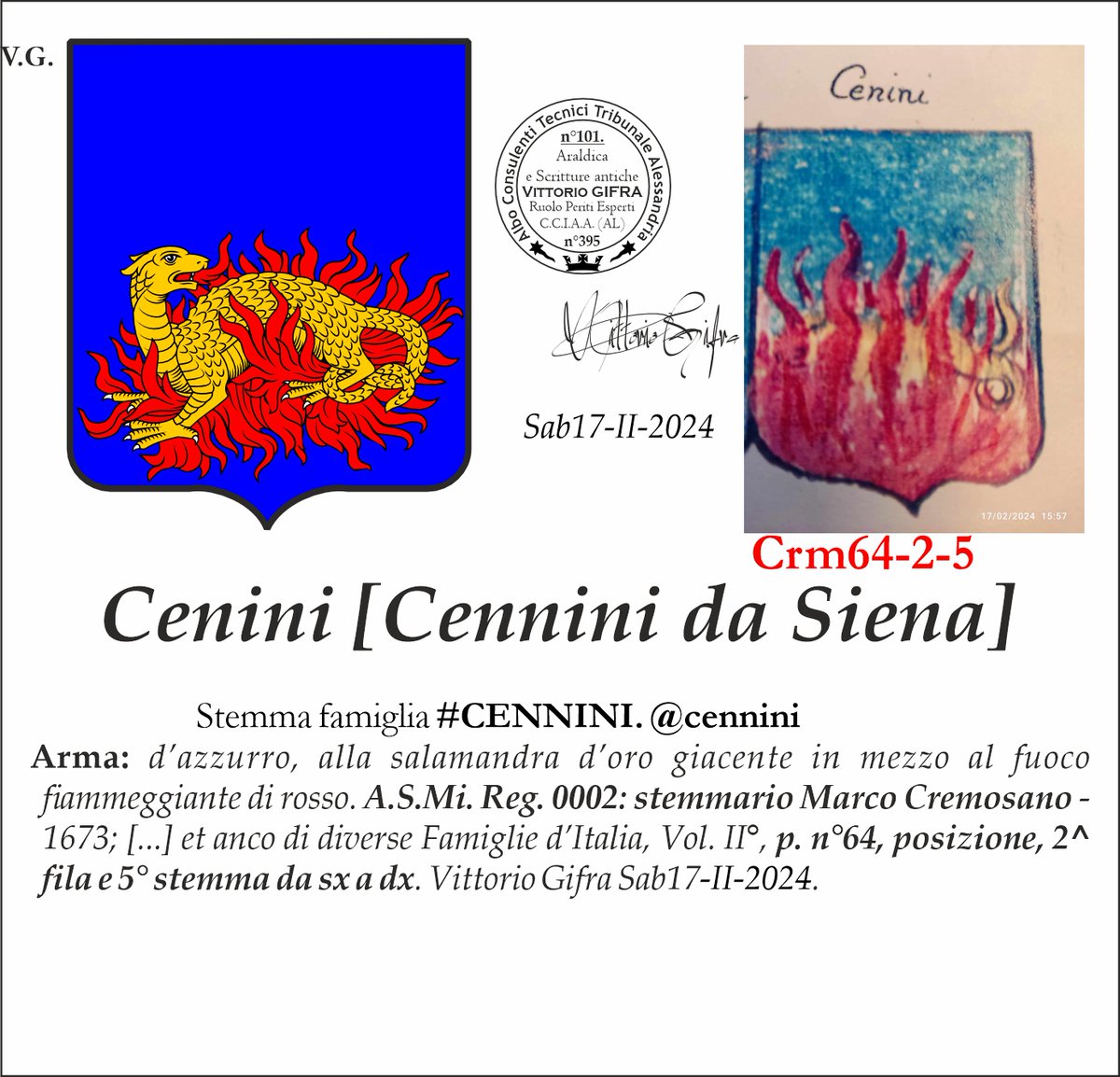 VGIFRA's tweet photo. Stemma famiglia #CENNINI. @cennini
A.S.Mi. Reg. 0002: stemmario Marco Cremosano - 1673; [...] et anco di diverse Famiglie d’Italia, Vol. II°, p. n°64, posizione, 2^ fila e 5° stemma da sx a dx. Vittorio Gifra Sab17-II-2024. https://t.co/nPcSPEscLn