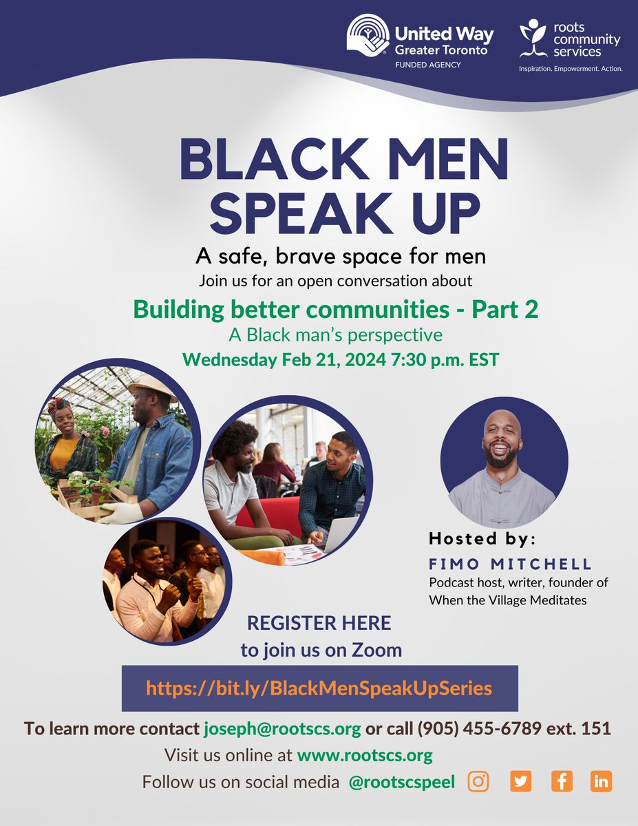 Let's continue the conversation with Part 2 of Building better communities: A Black man’s perspective. Join us for Black Men Speak Up, hosted by Fimo Mitchell on Wednesday, February 21, 2024 at 7:30pm and every third Wednesday of the month. #rootscs #blackmenspeakup #blackmen