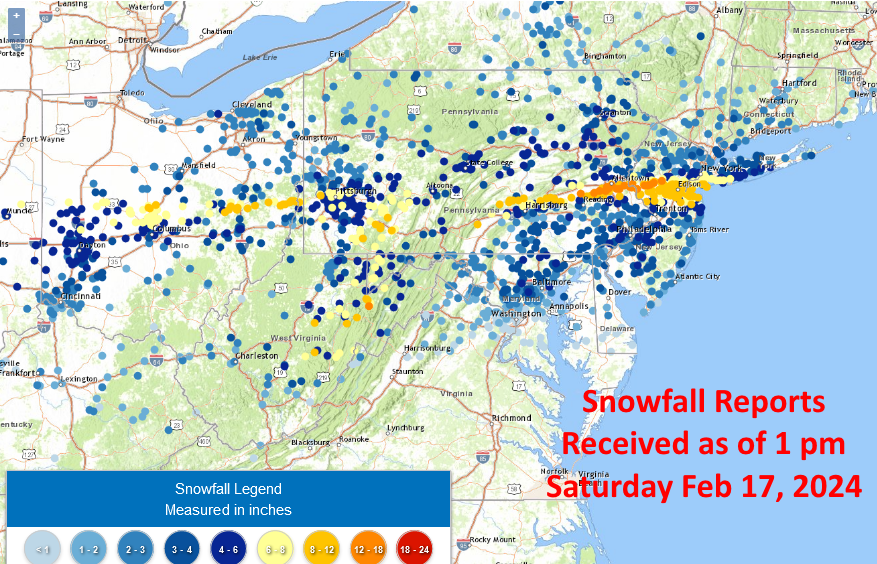 Snowfall reports received as of 1 pm Sat Feb 17th. Highest totals by state:
PA - Macungie 13.8"
NJ - Frenchtown 13"
WV - Canaan Valley 12"
OH - Stillwater 11.5"
NY - Tottenville 10"
VA - Hightown 7.5"
IN - Redkey 7"
MD - Accident 6.7"
DE - Delaware City 3.5"
CT - Darien 3.2"